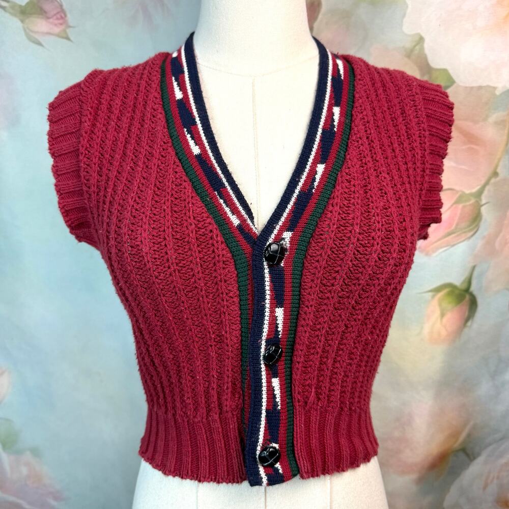 Vintage Tow Away Zone Red Button Up Ribbed Knit Vest